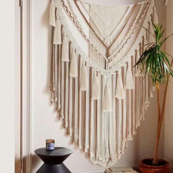 Boho Macrame Woven Brown Handmade Mid Century Modern Hanging Tassel Wall Decor - Picture 7 of 8